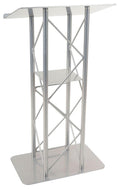 Straight 4-Post Metal Truss Lectern with Shelf, Silver