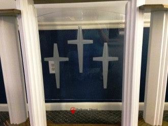Wood with Acrylic Pulpit w/Wings 702W Proclaimer-Close Up Three Cross Logo-Wood With Acrylic Pulpits, Podiums and Lecterns-Podiums Direct