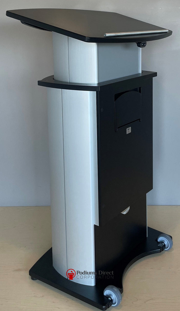 Height Adjustable Podium Aluminum Motorized-Side Black Top and Base-Height Adjustable Pulpits, Podiums and Lecterns-Podiums Direct