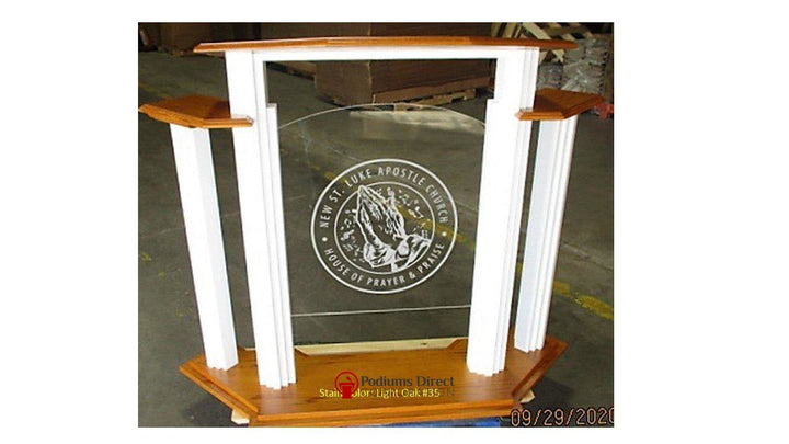 Wood with Acrylic Pulpit w/Wings 702W Proclaimer-Front View with Logo-Wood With Acrylic Pulpits, Podiums and Lecterns-Podiums Direct