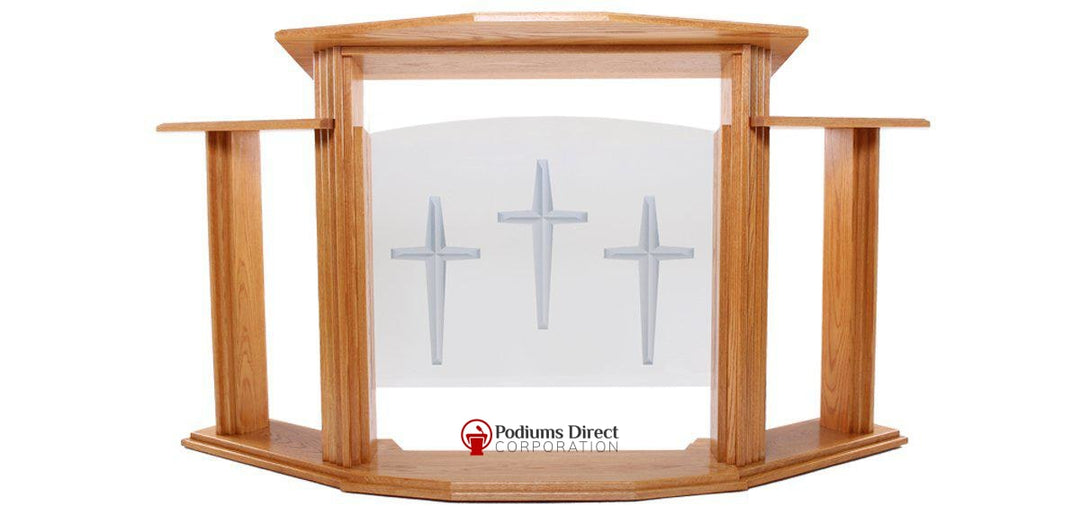 Wood with Acrylic Pulpit w/Wings 703 Proclaimer-With Three Cross Logo-Wood With Acrylic Pulpits, Podiums and Lecterns-Podiums Direct