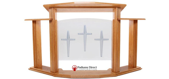 Wood with Acrylic Pulpit w/Wings 703 Proclaimer-With Three Cross Logo-Wood With Acrylic Pulpits, Podiums and Lecterns-Podiums Direct