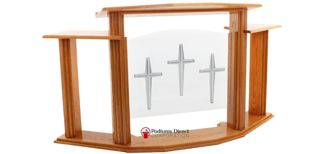 Wood with Acrylic Pulpit w/Wings 703 Proclaimer-Angle View With Three Cross Logo-Wood With Acrylic Pulpits, Podiums and Lecterns-Podiums Direct
