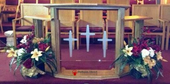 Wood with Acrylic Pulpit w/Wings 703 Proclaimer-Three Cross Logo-Wood With Acrylic Pulpits, Podiums and Lecterns-Podiums Direct