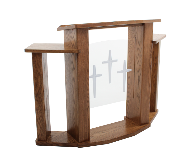 Wood with Acrylic Pulpit 778 Exhorter-Angle View Three Cross Logo-Wood With Acrylic Pulpits, Podiums and Lecterns-Podiums Direct