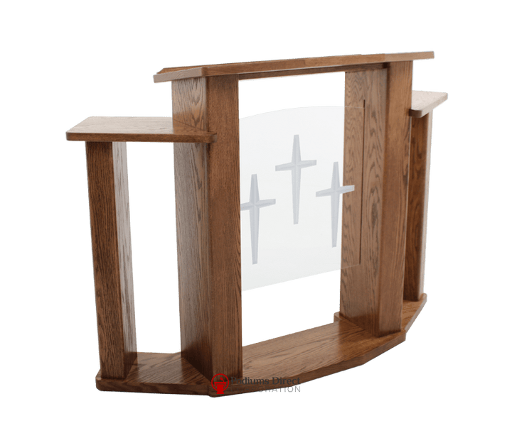 Wood with Acrylic Pulpit 778 Exhorter-Angle View Three Cross Logo-Wood With Acrylic Pulpits, Podiums and Lecterns-Podiums Direct