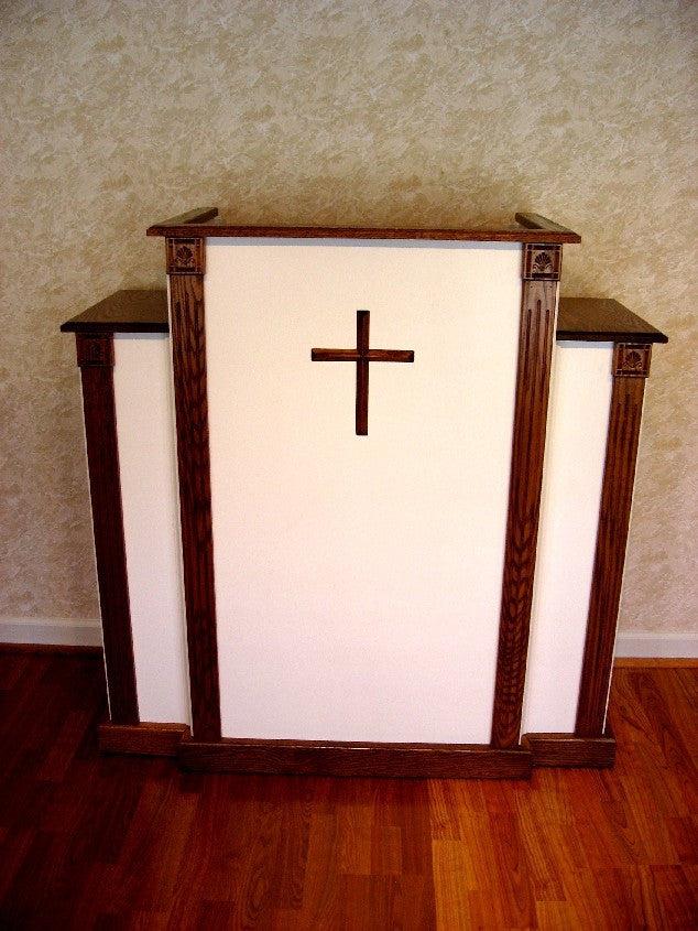 Church Wood Pulpit White w/Cross, Fluting & Scrollwork 900-W - FREE SHIPPING!