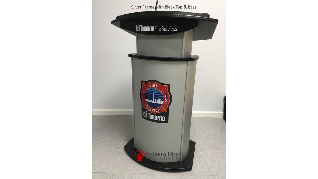Height Adjustable Podium Aluminum Motorized-Front with Black Top and Base-Height Adjustable Pulpits, Podiums and Lecterns-Podiums Direct