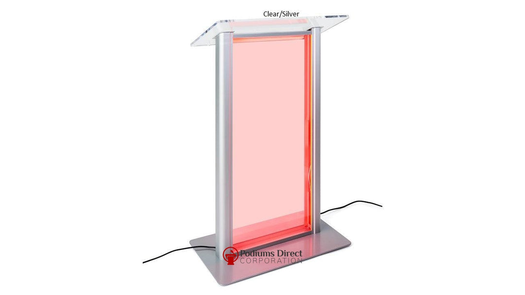 Contemporary Acrylic and Aluminum Podium with Illuminated Acrylic Panel-Clear Acrylic with Silver Aluminum-Contemporary Acrylic and Aluminum Podiums-Podiums Direct