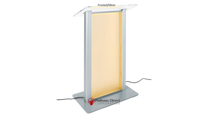 Contemporary Acrylic and Aluminum Podium with Illuminated Acrylic Panel-Frosted Acrylic with Silver Aluminum-Contemporary Acrylic and Aluminum Podiums-Podiums Direct