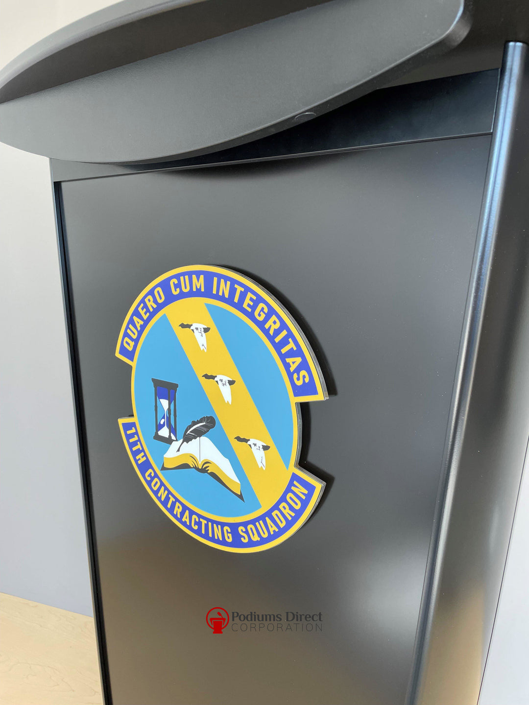 Contemporary Lecterns and Podiums VH1 Deluxe Aluminum Lectern-Close Up of 3D Logo-Contemporary Lecterns and Podiums-Podiums Direct