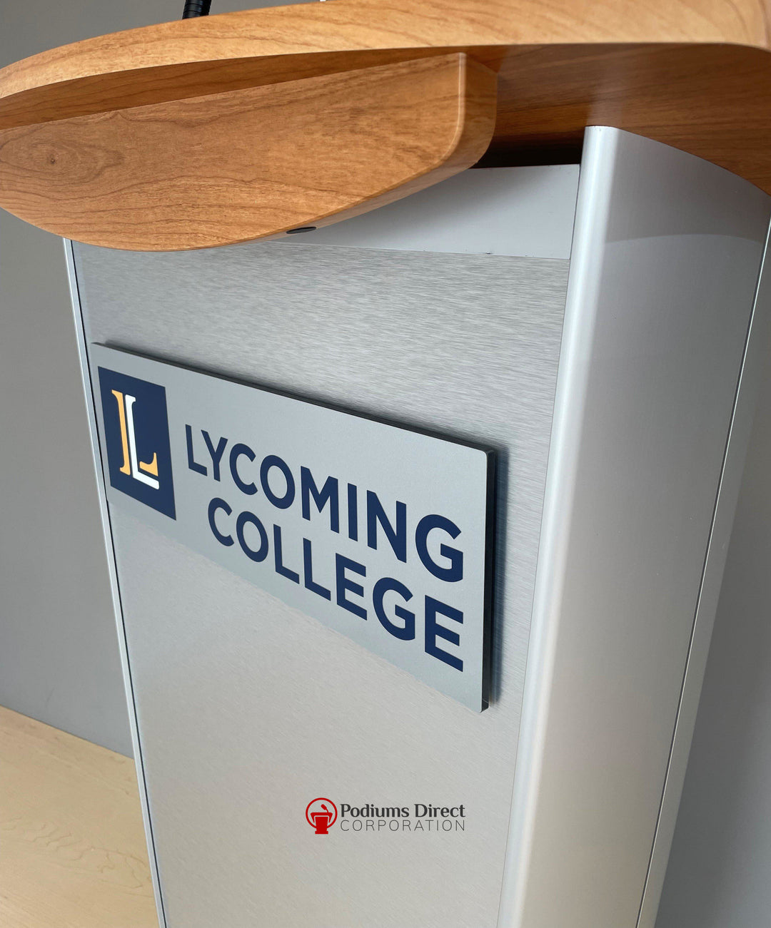Contemporary Lectern and Podium VH1 Custom Aluminum Lectern-Close Up of 3D Logo-Contemporary Lecterns and Podiums-Podiums Direct