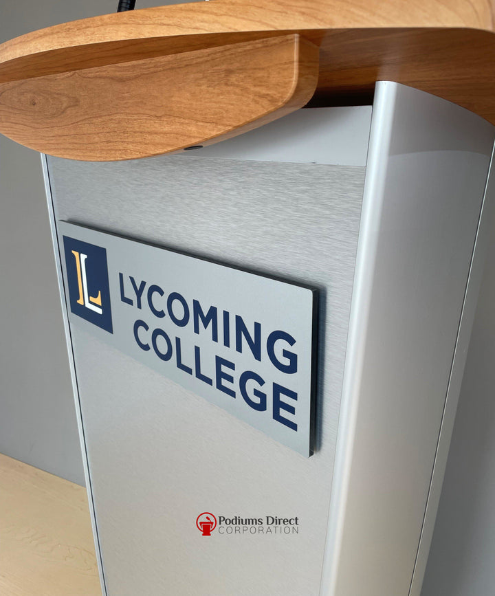 Contemporary Lectern and Podium VH1 Custom Aluminum Lectern-Close Up of 3D Logo-Contemporary Lecterns and Podiums-Podiums Direct
