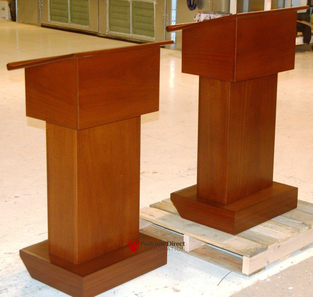 Handcrafted Solid Hardwood Lectern Royal-With Round Logo-Handcrafted Solid Hardwood Pulpits, Podiums and Lecterns-Front Angle View-Podiums Direct