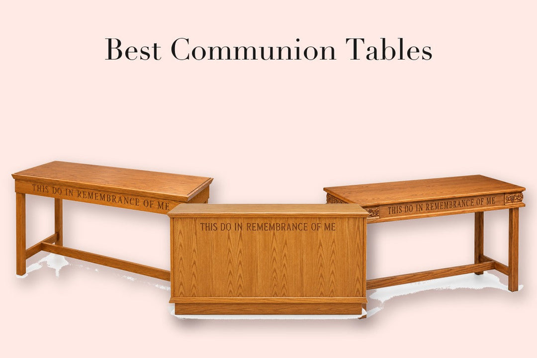 Three solid oak communion tables with carved inscriptions
