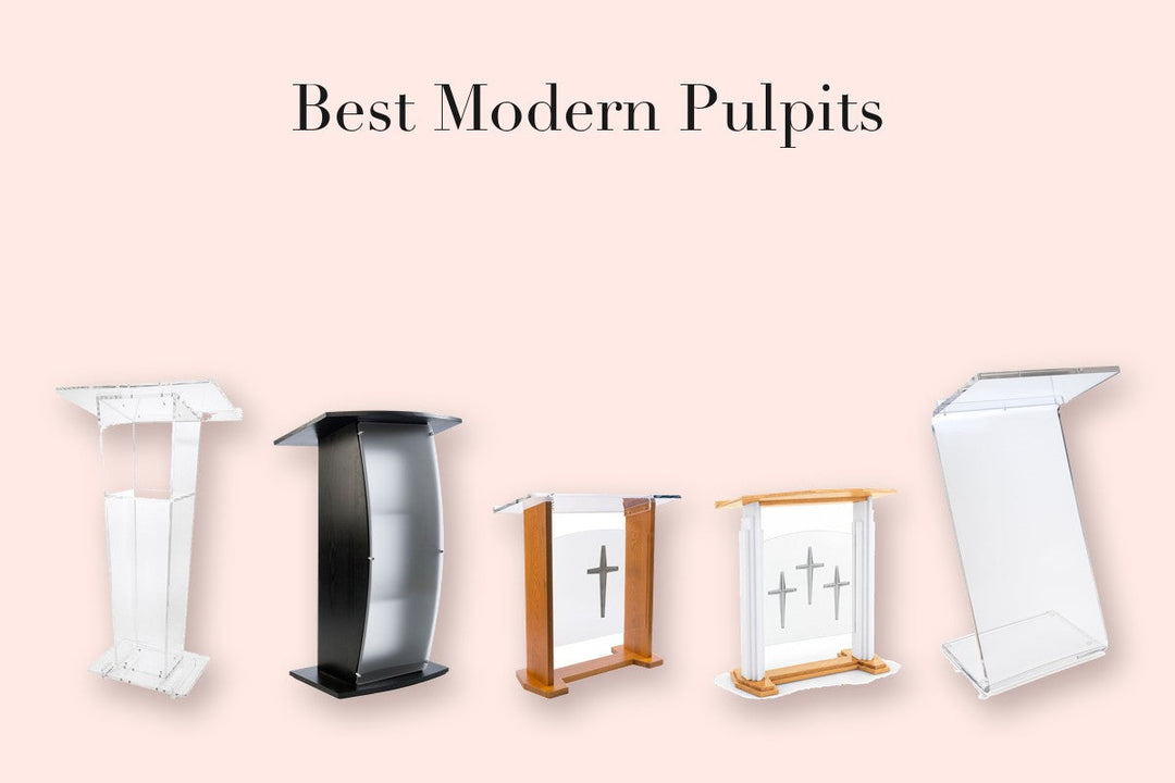 Five modern pulpits in clear acrylic, frosted acrylic, and oak