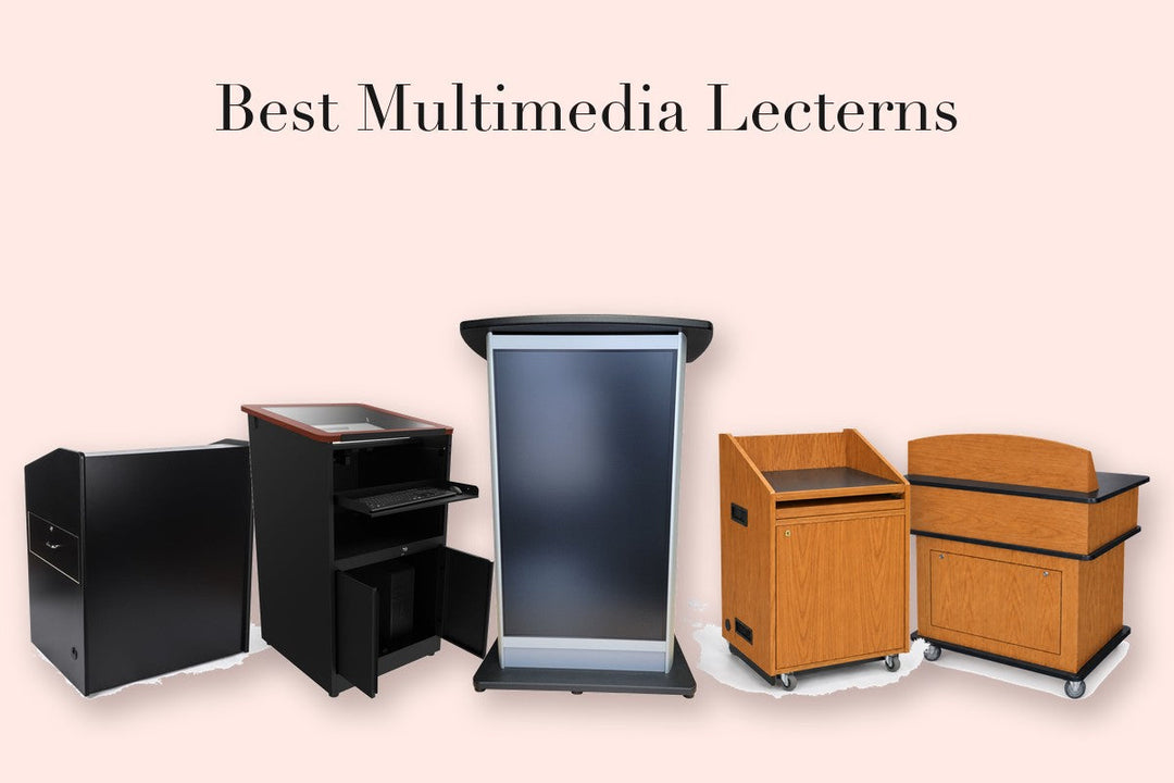 Five multimedia lecterns in oak, black steel, and aluminum
