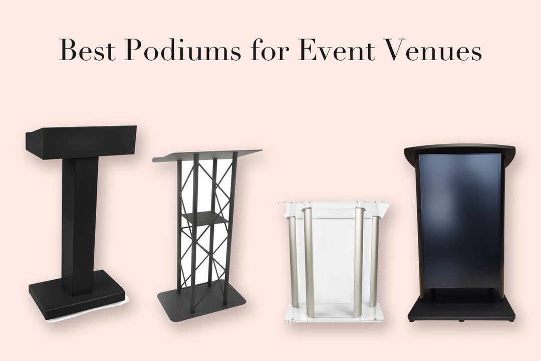 Four event podiums in black metal, clear acrylic, and aluminum