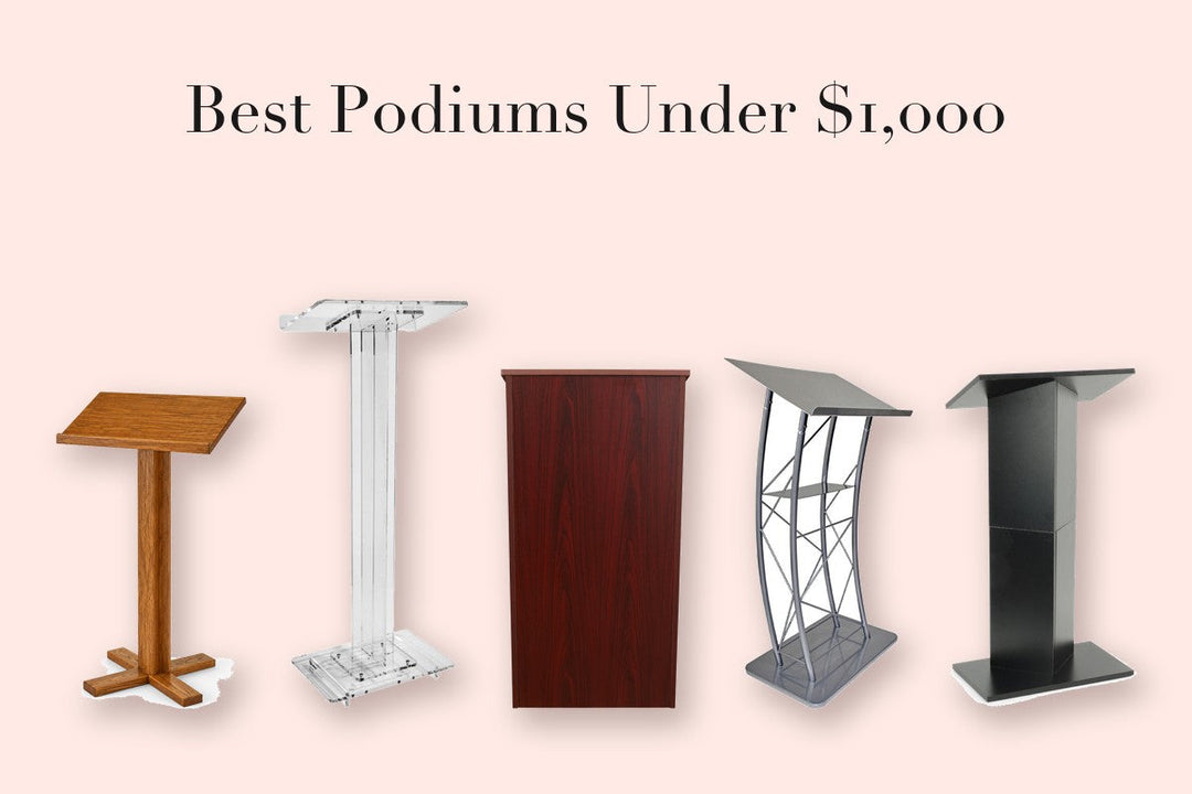 Five podiums under $1,000 in oak, acrylic, laminate, and metal