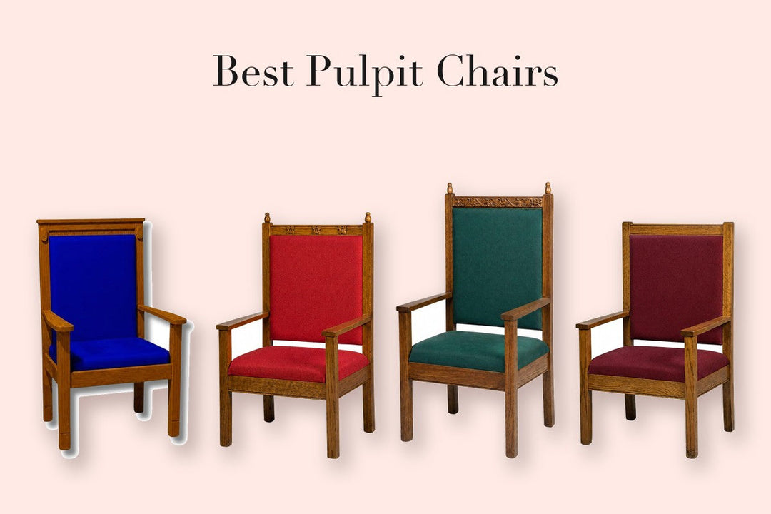 Four upholstered pulpit chairs in blue, red, green, and burgundy