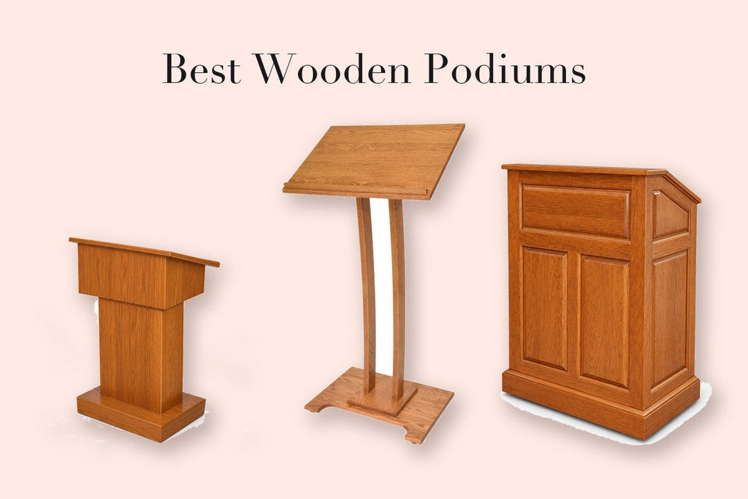 Three wooden lecterns in oak finishes