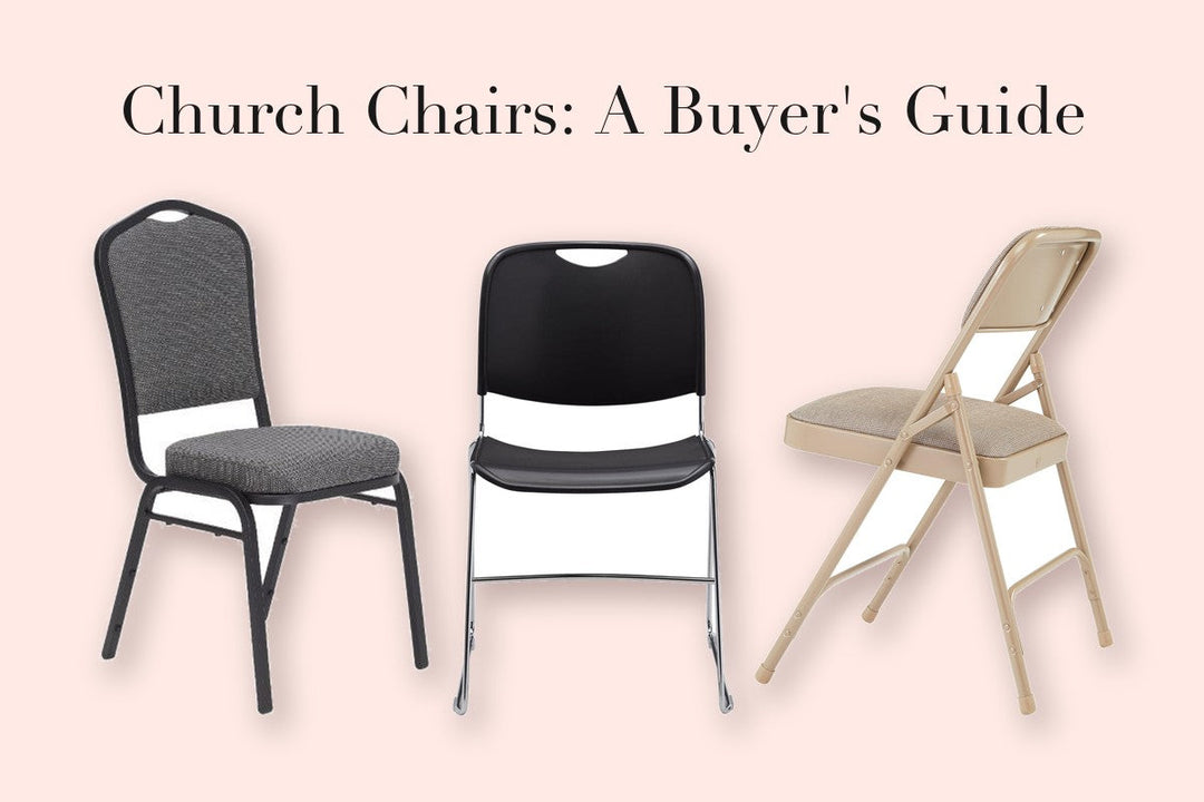 Three church chairs: a fabric stack chair, a compact stacking chair, and a padded folding chair