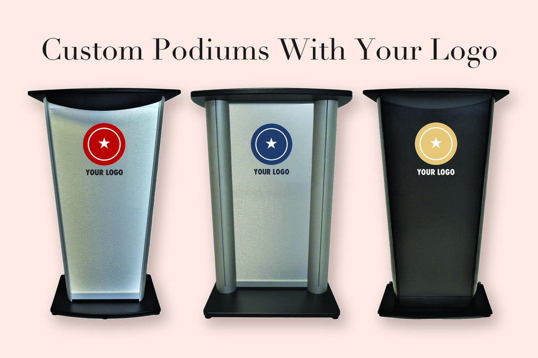 Three aluminum lecterns with a sample logo on the front