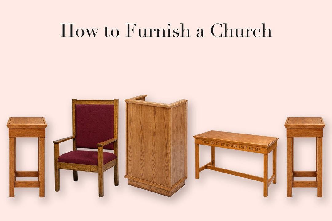 A matching set of oak church furniture: two flower stands, a clergy chair, a pulpit, and a communion table