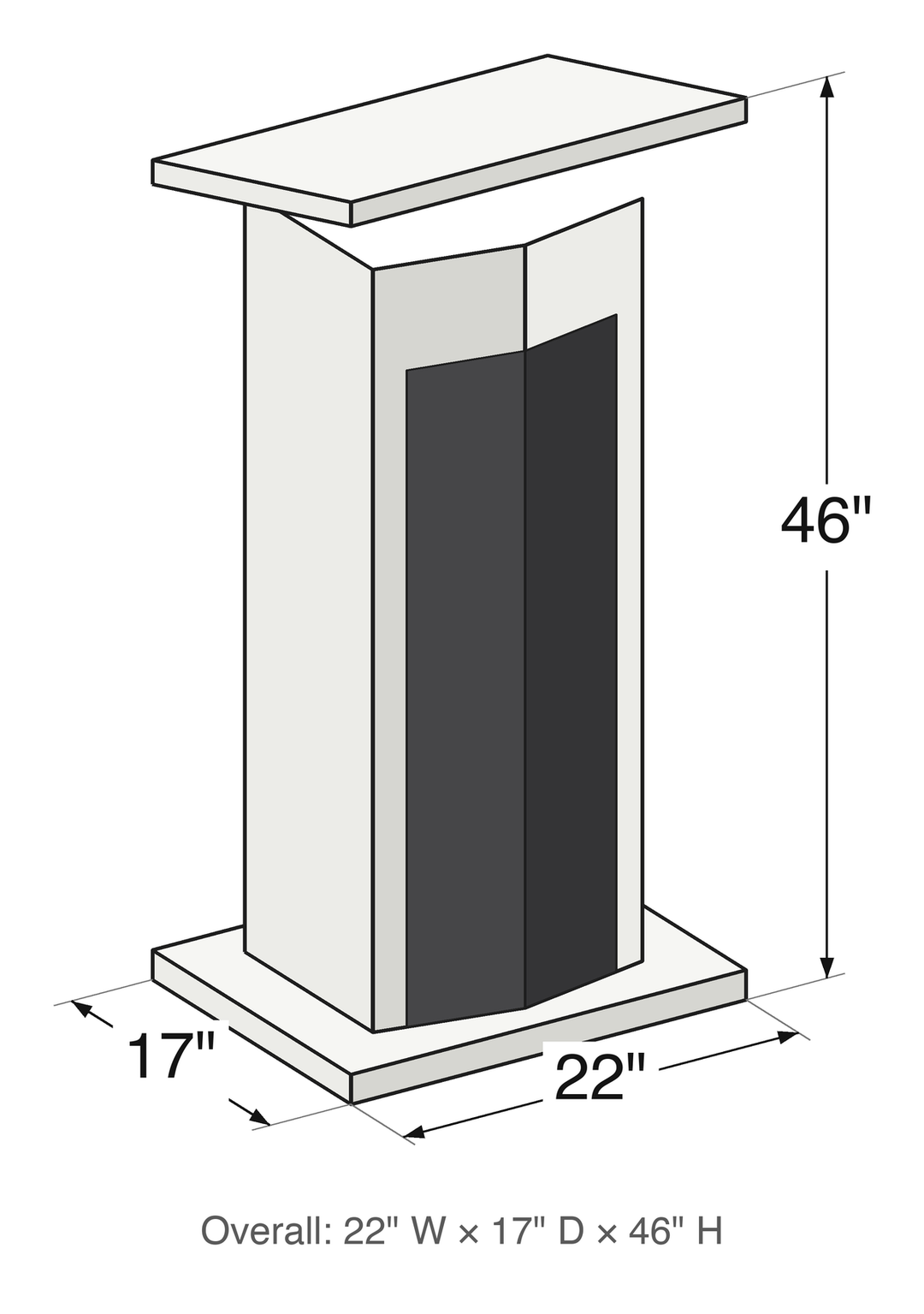 Oklahoma Sound 111PLS lectern dimensions drawing: 22" wide, 17" deep, 46" high