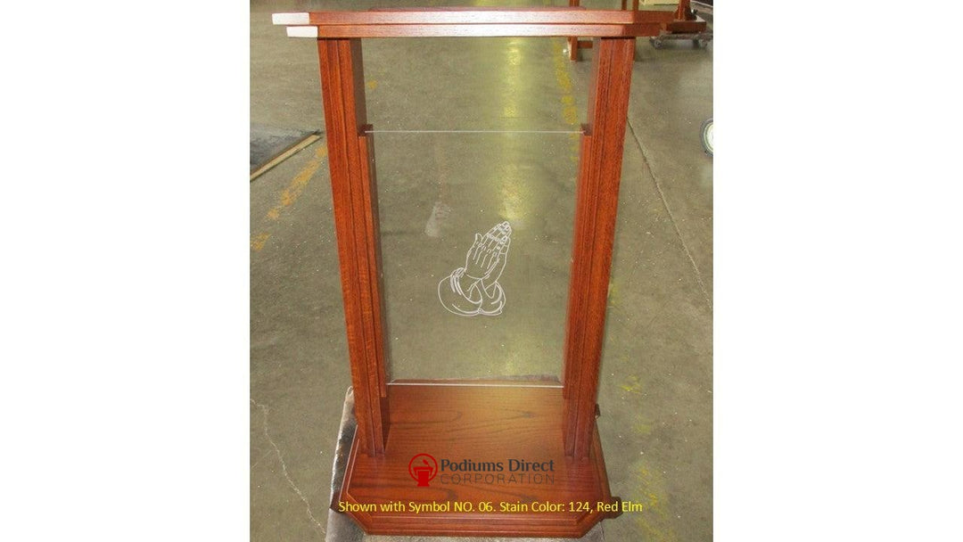 Wood with Acrylic Preaching Stand-704 Proclaimer-Front 124 Elm Red Symbol No 06-Wood With Acrylic Pulpits, Podiums and Lecterns-Podiums Direct