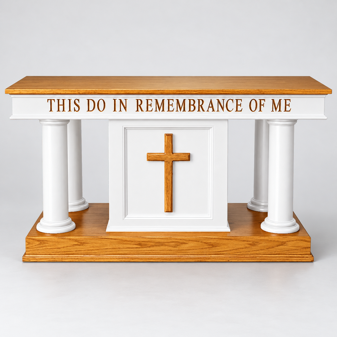 810-CU four-column communion table — Medium Oak #43 with white painted body