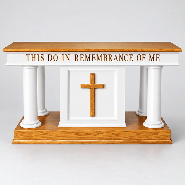 810-CU four-column communion table — Medium Oak 