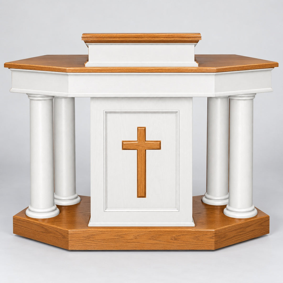 810-CU four-column pulpit — Medium Oak #43 with white painted body