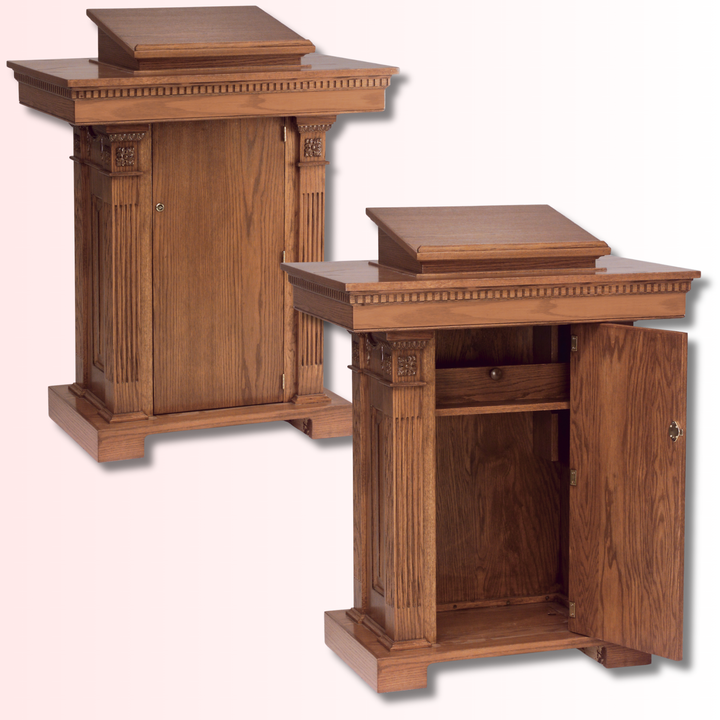Two wooden cabinet tables shown on a plain light background, one closed and one open to show the interior storage space.