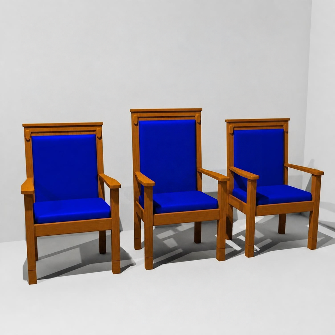 822AS contemporary square top clergy chair: set of three, two side chairs and one center chair, blue fabric, angle view
