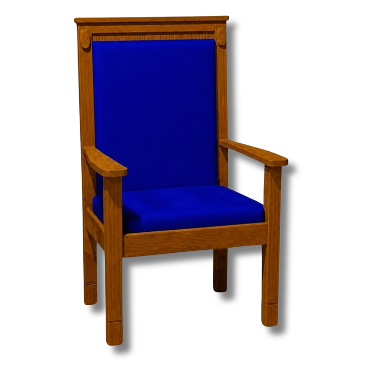 822AS contemporary square top clergy chair: single chair, front angle, blue fabric, oak stain