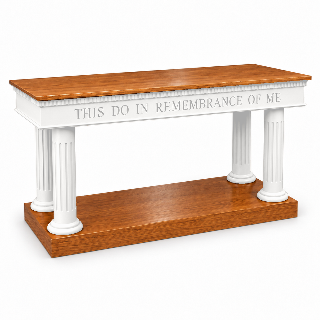 8302-OCT round-column open communion table — Medium Oak #43 with white painted body