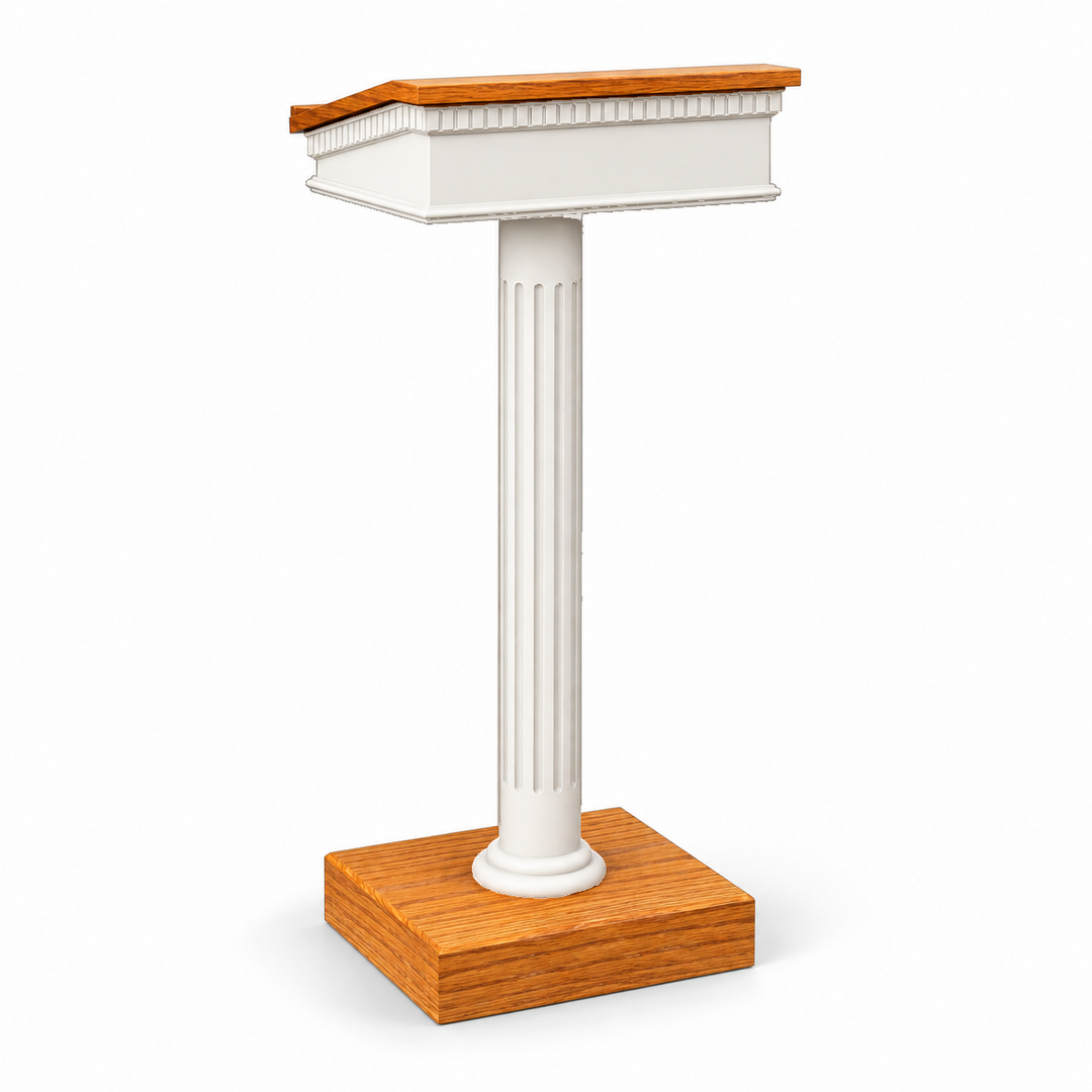 8302-SS solid oak round-column speaker stand — Medium Oak #43 with white painted body