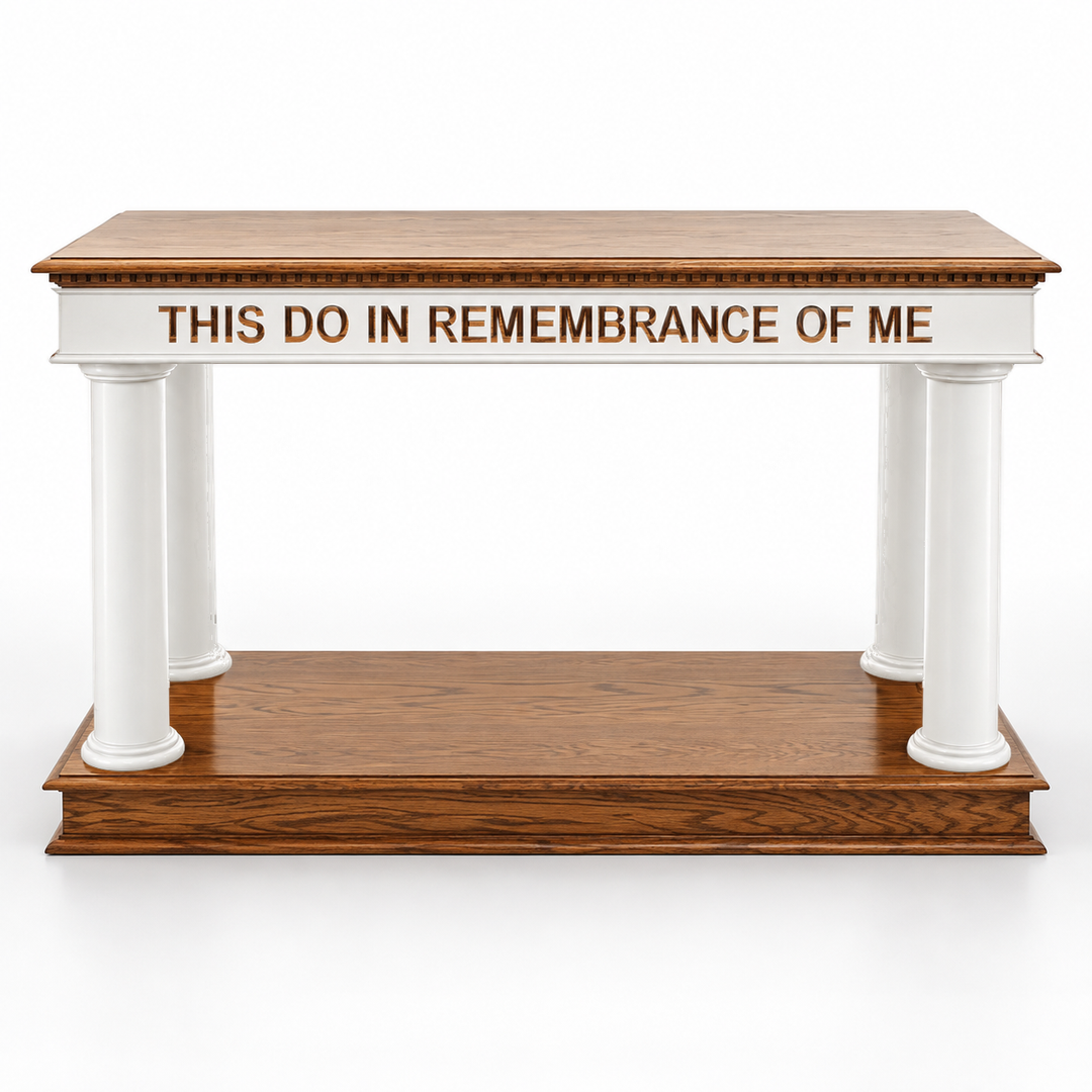 834AS column pedestal communion table — Medium Oak #43 with white painted body