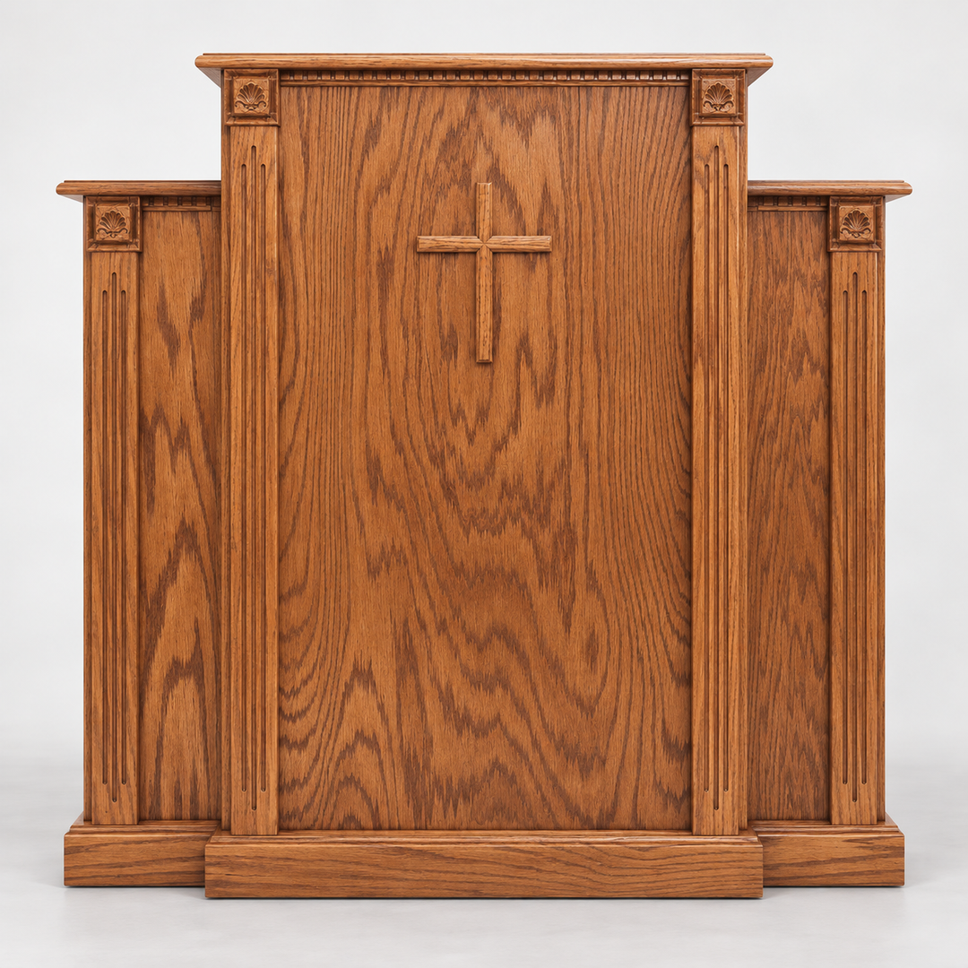 900 solid oak pulpit with cross, fluting, and rosettes - Medium Oak 