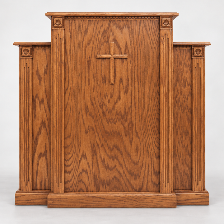 900 solid oak pulpit with cross, fluting, and rosettes - Medium Oak 