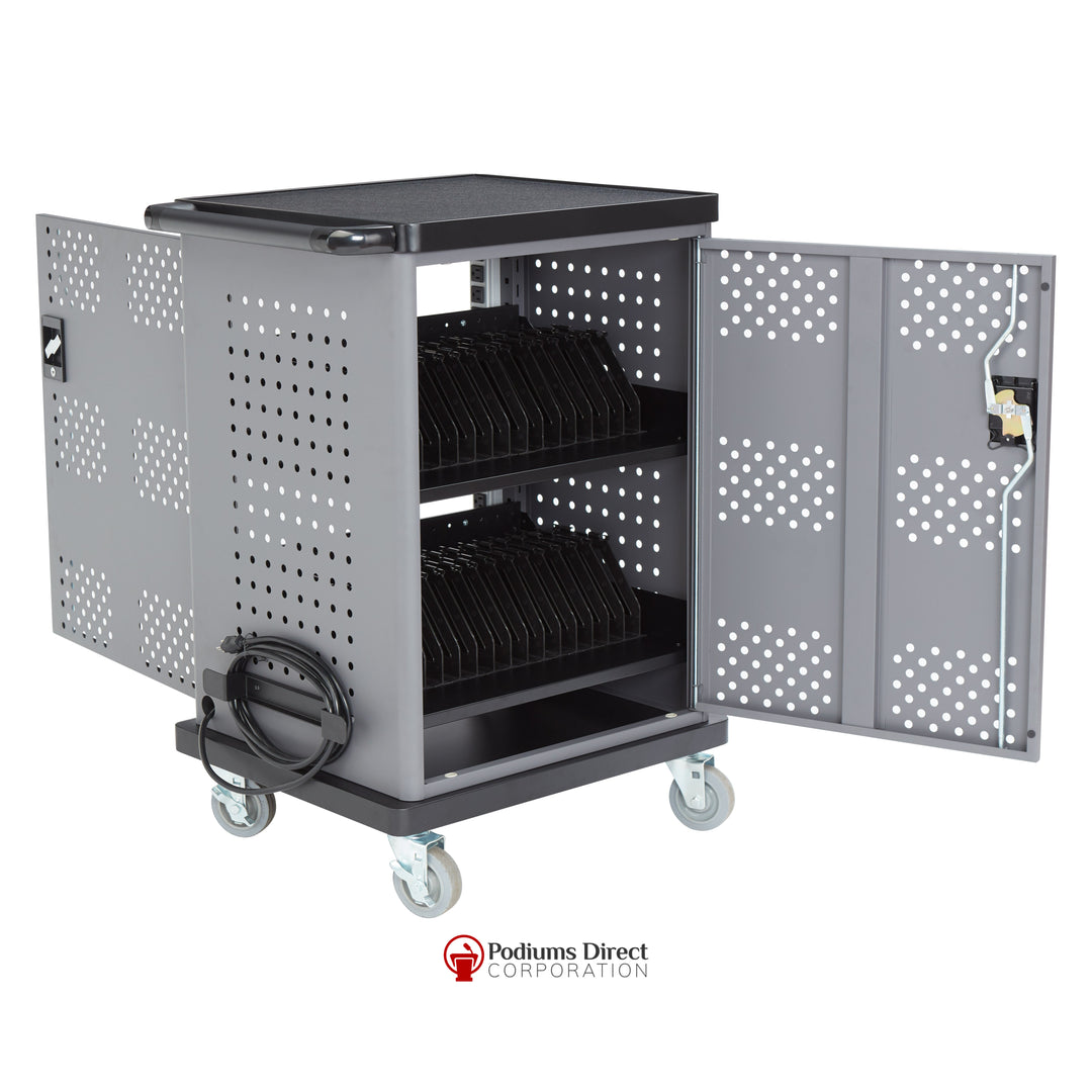 Duet Charging Cart DCC Oklahoma Sound-Presentation AV Tablet Laptop Carts and Plasma LCD Stands-Angle with Doors-Podiums Direct