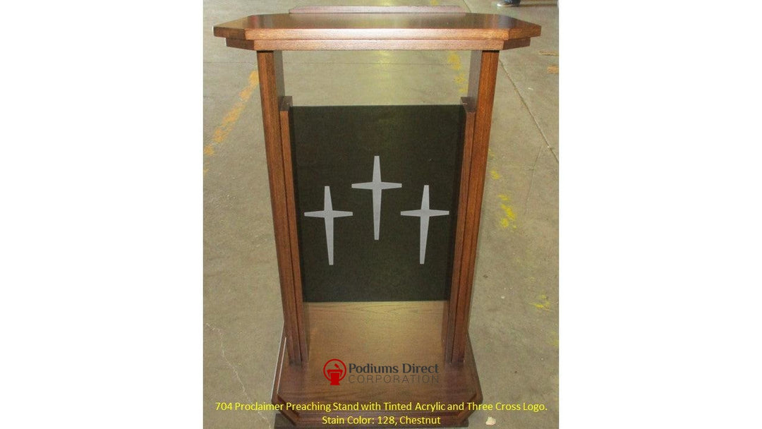 Wood with Acrylic Preaching Stand-704 Proclaimer-Front 128 Chestnut Three Cross Logo-Wood With Acrylic Pulpits, Podiums and Lecterns-Podiums Direct