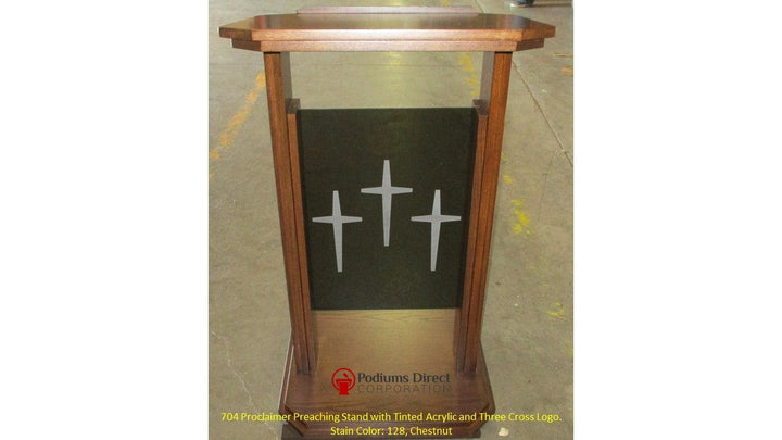 Wood with Acrylic Preaching Stand-704 Proclaimer-Front 128 Chestnut Three Cross Logo-Wood With Acrylic Pulpits, Podiums and Lecterns-Podiums Direct