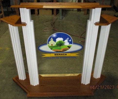 Wood with Acrylic Pulpit w/Wings 702W Proclaimer-Front View with Colored Logo-Wood With Acrylic Pulpits, Podiums and Lecterns-Podiums Direct