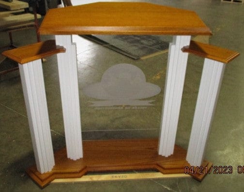 Wood with Acrylic Pulpit w/Wings 702W Proclaimer-Back View with Colored Logo-Wood With Acrylic Pulpits, Podiums and Lecterns-Podiums Direct