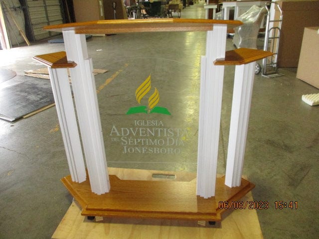 Wood with Acrylic Pulpit w/Wings 702W Proclaimer-SDA Logo-Wood With Acrylic Pulpits, Podiums and Lecterns-Podiums Direct