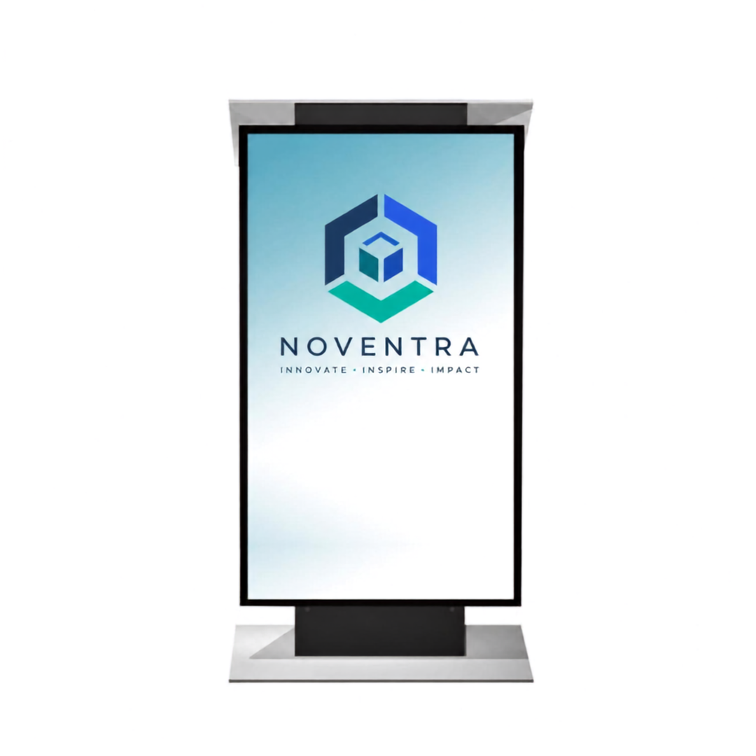 A modern freestanding vertical LED sign or display stand with a black frame and silver base, shown on a plain white background. The screen displays a blue and green geometric logo above the word &