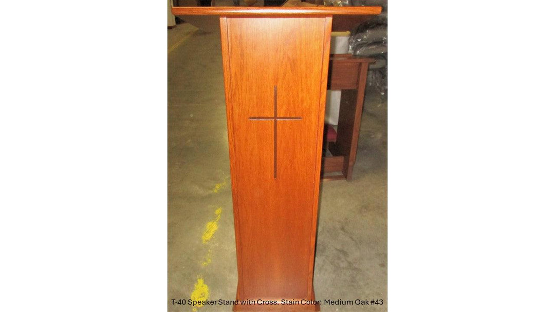 Portable Presentation Lectern T-40 Speaker Stand- With Cross Medium Oak 43-Portable Presentation Lecterns-Podiums Direct