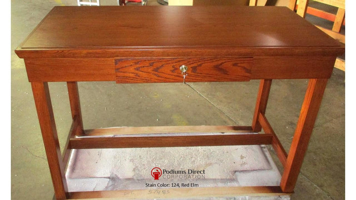 Offering Table with Storage Drawer and Inscription TOT-448 -Back 124 Red Elm-Tithe Boxes, Baptismal Font, Flower Stands, and Offering Tables -Podiums Direct